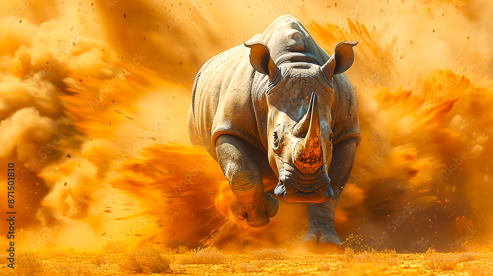 Fototapeta premium Majestic Rhino Charging across African Plains in Stunning 8K Photorealistic Quality with Visible Muscle Definition and Dust Clouds