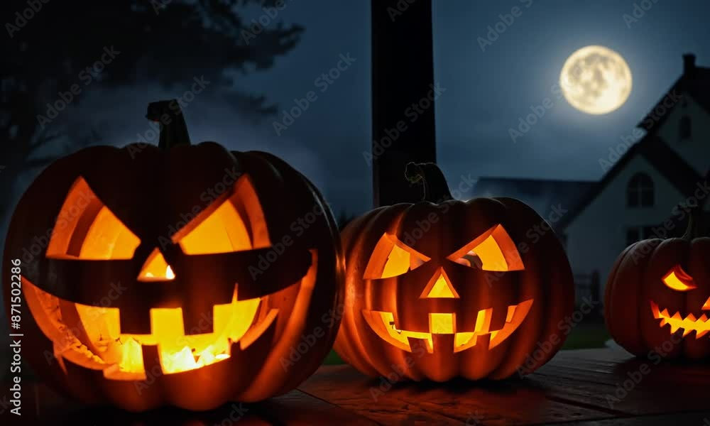 Spooky Halloween Night with Glowing Jack-o'-Lanterns and Full Moon Spooky Halloween Night with Glowing Jack-o'-Lanterns and Full Moon