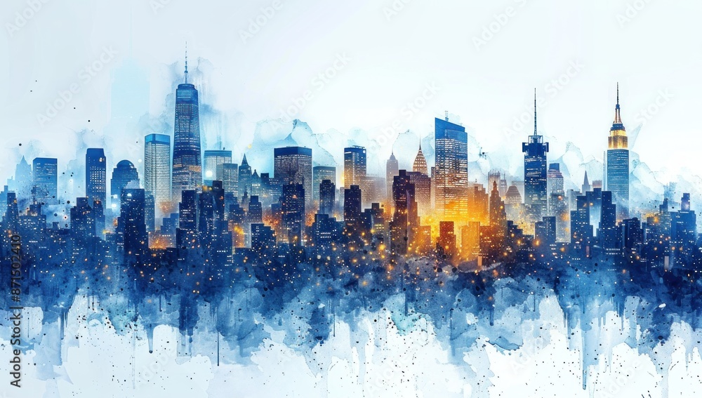Obraz premium Watercolor Cityscape with Blue and Orange Hues