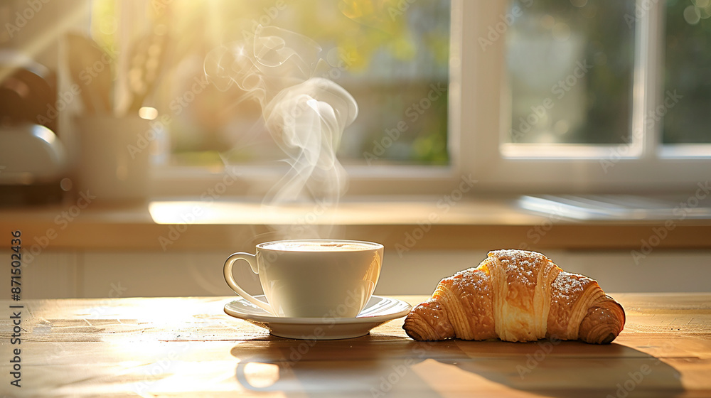 A steaming cup of coffee and a croissant on a wooden table in a cozy kitchen with morning sunlight streaming through the window. A perfect setting for a relaxing breakfast. A steaming cup of coffee and a croissant on a wooden table in a cozy kitchen with morning sunlight streaming through the window. A perfect setting for a relaxing breakfast.