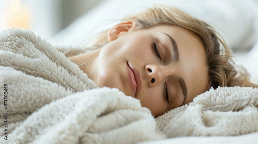 woman sleeping peacefully in the morning light, with sun rays casting gentle shadows across her face