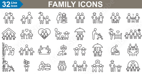 Family icons set vector illustration. Parents, children, baby, father, family celebration and family home.