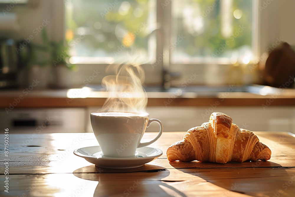 Another view of a steaming cup of coffee and a croissant on a wooden table in a bright kitchen. Another view of a steaming cup of coffee and a croissant on a wooden table in a bright kitchen.