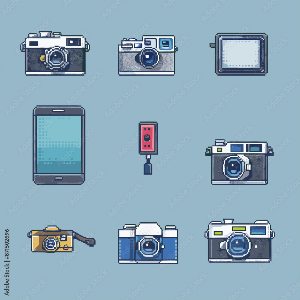 set of pixel art cameras in various shapes and sizes