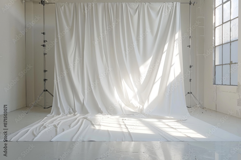 White room with soft light and draped fabric creating a serene and elegant atmosphere in a minimalist setting White room with soft light and draped fabric creating a serene and elegant atmosphere in a minimalist setting