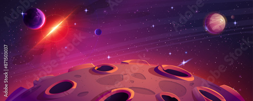 Moon surface against space background. Vector cartoon illustration of alien landscape with craters, planet globes, stars shimmering in dark sky, asteroid light flash in darkness, mysterious galaxy