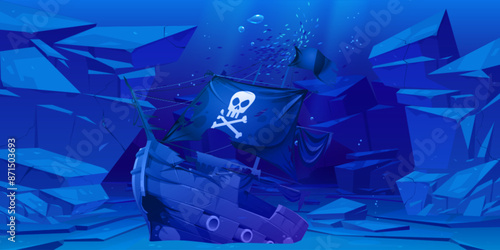 Wrecked pirate ship on rocky sea bottom. Vector cartoon illustration of sunken ancient vessel with broken wooden board, torn black sail with jolly roger sign, dark blue water with fish and bubbles