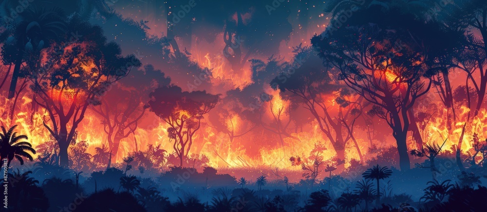 A dramatic scene of a forest fire at night, showcasing bright flames and dark tree silhouettes in a dense woodland area. A dramatic scene of a forest fire at night, showcasing bright flames and dark tree silhouettes in a dense woodland area.