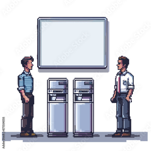 Pixel art illustration of two colleagues chatting by the water cooler