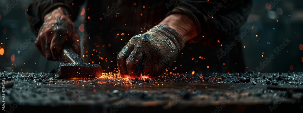 A tight shot of hands in gloves, forging metal near a blazing flame A tight shot of hands in gloves, forging metal near a blazing flame