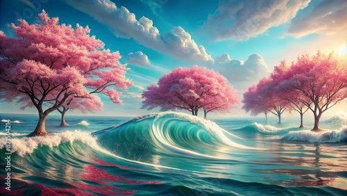 Ethereal pink-hued sakura trees stand tall amidst undulating waves and swirling aqua blue abstract oceanic currents in serene landscape. photo