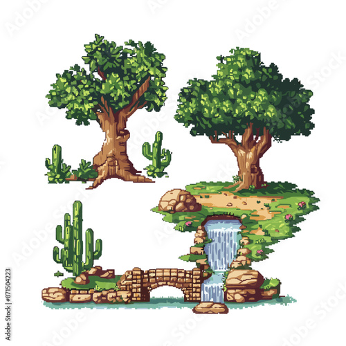 natural landscape with a bridge, waterfall, and plant life. The bridge is made of light-colored stone and has three arches