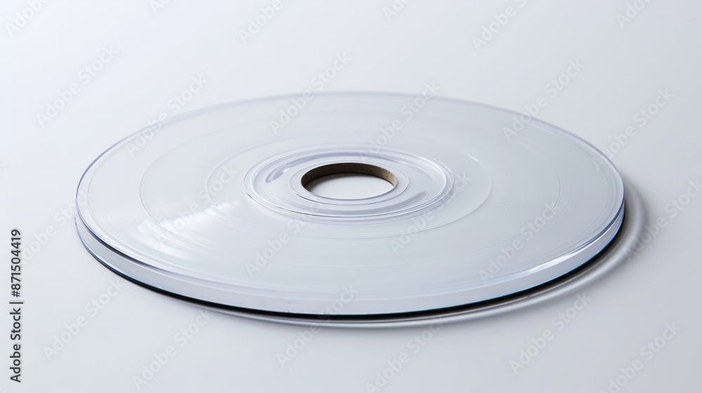 Close view of a white disc in an open tray on a white background used for computer data recording and storage Close view of a white disc in an open tray on a white background used for computer data recording and storage