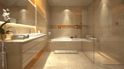 Beige hotel bathroom interior with tub, sink and glass shower