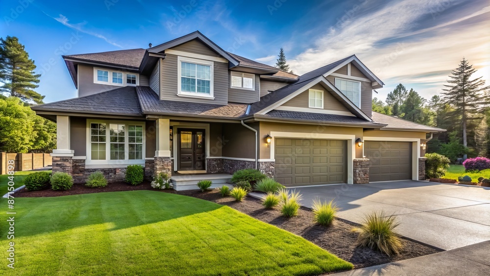 Spacious newly built modern suburban residence with attached garage and lush green lawn, shiny new sedan parked on paved driveway entrance. Spacious newly built modern suburban residence with attached garage and lush green lawn, shiny new sedan parked on paved driveway entrance.