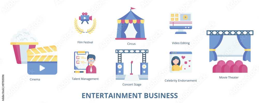 Entertainment Business Flat Banner Web Icon Set Vector Illustration, Cinema Movie Theater Film Festival Video Editing Concert Stage Talent Management Celebrity Endorsement Circus Entertainment Business Flat Banner Web Icon Set Vector Illustration, Cinema Movie Theater Film Festival Video Editing Concert Stage Talent Management Celebrity Endorsement Circus