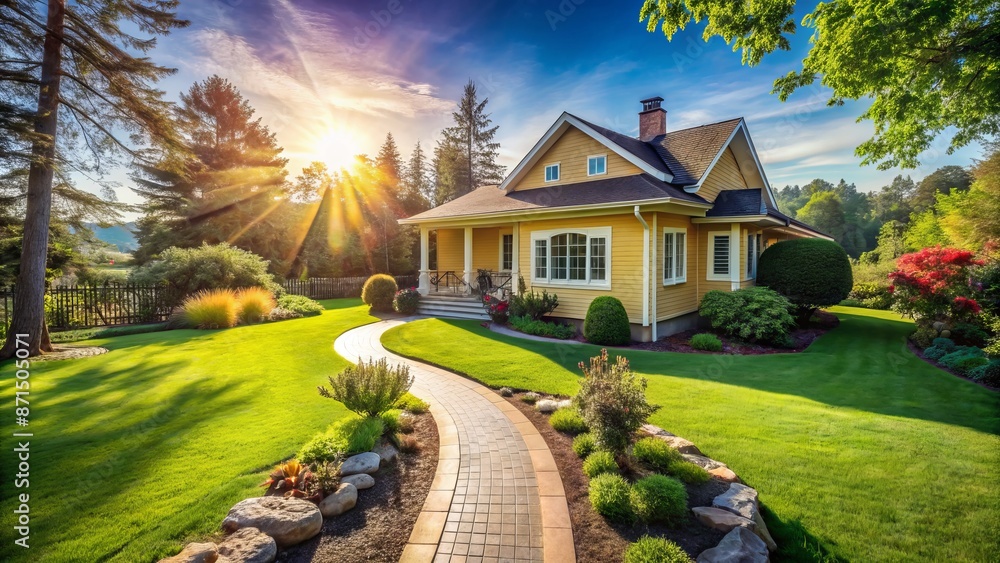 Fototapeta premium Charming small yellow house with bright sunshine, lush green lawn, and meandering concrete pathway on a serene sunny day.
