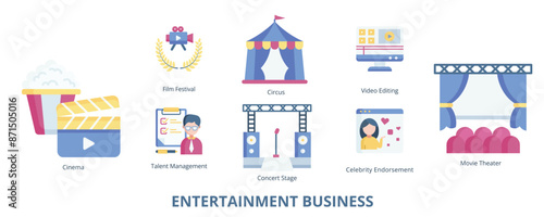 Entertainment Business Flat Banner Web Icon Set Vector Illustration, Cinema Movie Theater Film Festival Video Editing Concert Stage Talent Management Celebrity Endorsement Circus