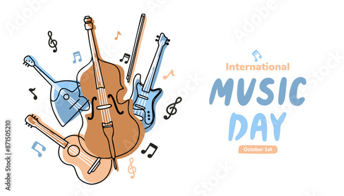 Vector Line Art for International Music Day. Instruments in Flat Handwritten Style