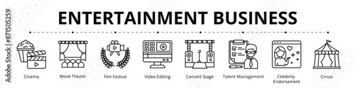 Entertainment Business Line Banner Web Icon Set Vector Illustration, Cinema Movie Theater Film Festival Video Editing Concert Stage Talent Management Celebrity Endorsement Circus