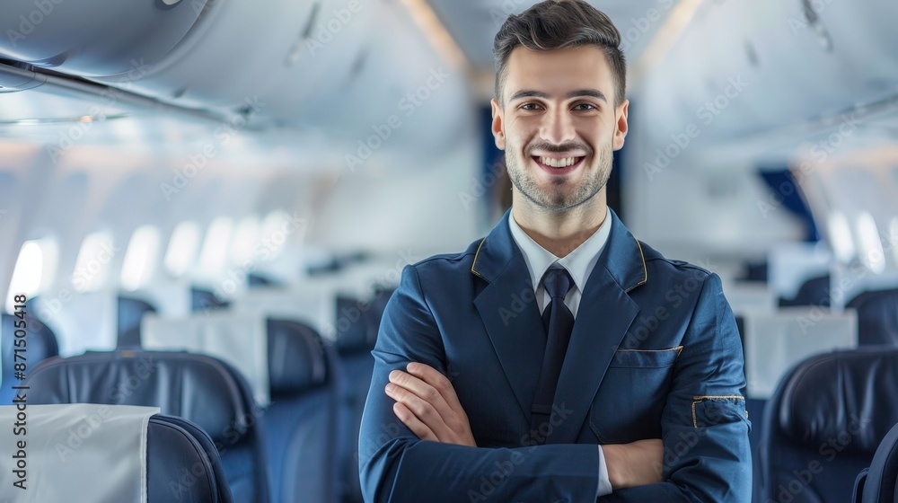 A man wearing a flight attendants uniform poses st business, businessman, office, people, executive, handsome, smiling, suit, manager, success, confident, person, standing, professional, men, smile, A man wearing a flight attendants uniform poses st business, businessman, office, people, executive, handsome, smiling, suit, manager, success, confident, person, standing, professional, men, smile,