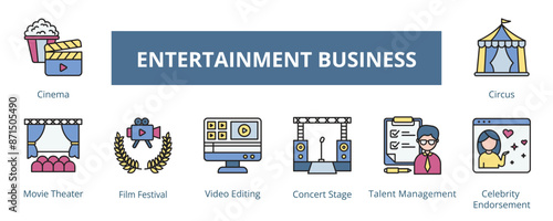 Entertainment Business Lineal Color Banner Web Icon Set Vector Illustration, Cinema Movie Theater Film Festival Video Editing Concert Stage Talent Management Celebrity Endorsement Circus