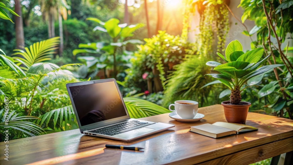 A beautifully arranged desk with a laptop, notebook, and a cup of coffee, surrounded by lush green plants and a warm atmosphere. A beautifully arranged desk with a laptop, notebook, and a cup of coffee, surrounded by lush green plants and a warm atmosphere.