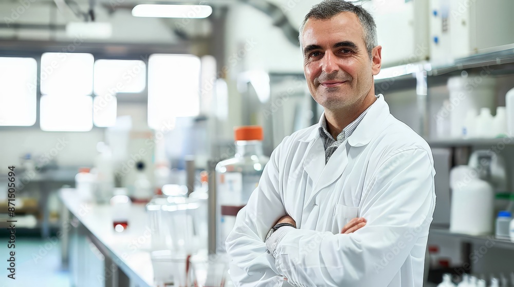 A man wearing a scientists uniform poses straight doctor, business, medicine, people, hospital, health, businessman, healthcare, medical, office, lab, pharmacy, laboratory, computer, pharmacist, wor A man wearing a scientists uniform poses straight doctor, business, medicine, people, hospital, health, businessman, healthcare, medical, office, lab, pharmacy, laboratory, computer, pharmacist, wor