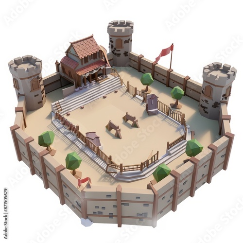 3D Render, Low Poly style of a medieval jousting arena, on isolated white background, Generative AI