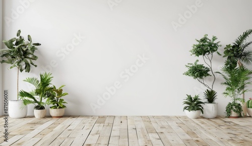 Empty home. Scandinavian house with shadow. Minimal living room apartment. Floor and wall modern interior with plant.