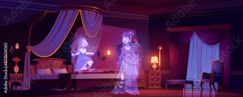 Dark haunted bedroom with ghosts. Vector cartoon illustration of mysterious room with vintage furniture and window, spooky silhouettes of woman and little girl, Halloween night in mysterious hotel