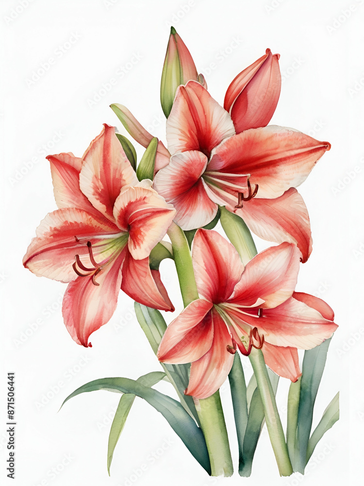 Alstroemeria flowers watercolor on white background, red flowers Alstroemeria flowers watercolor on white background, red flowers