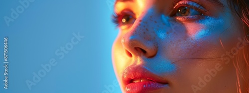  A woman's face, eyes radiating blue and red light, set against a backdrop of a tranquil blue sky © Viktor