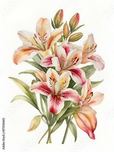 Alstroemeria flowers watercolor on white background, orange flowers