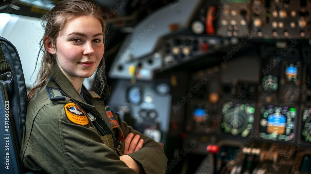 A woman wearing a pilots outfit poses straight A woman wearing a pilots outfit poses straight