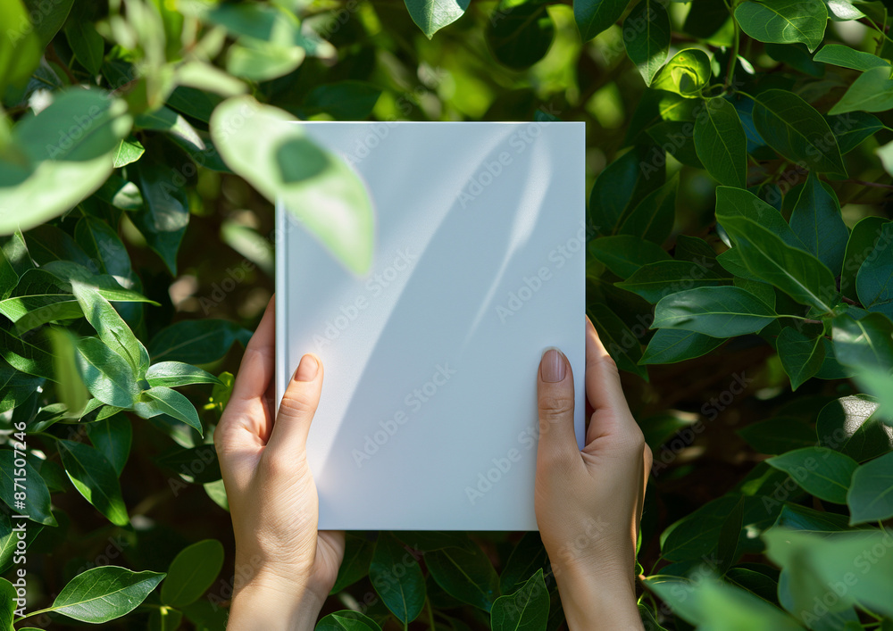 A mockup of an A5 white hardcover book in hands, against a nature background of green leaves and sunlight A mockup of an A5 white hardcover book in hands, against a nature background of green leaves and sunlight