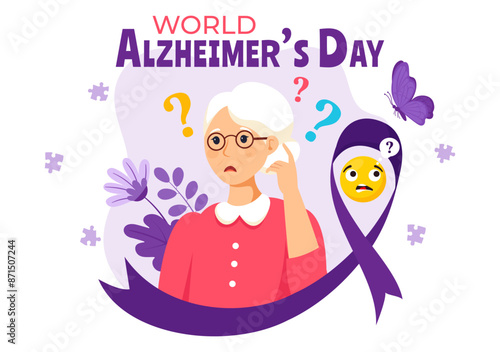 World Alzheimer's Day Vector Illustration featuring an Elderly and a Brain Jigsaw Puzzle Symbolizing Memories on a Purple Ribbon Flat Background