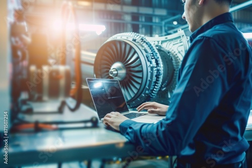 Engineer working on a laptop next to an aircraft engine