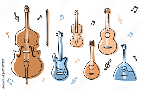 Vector Line Art Music Instruments Set in Flat Style. Guitar, Violin and Cello, Balalaika and Mandoline