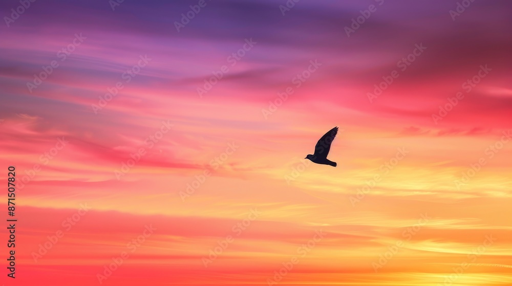 Fototapeta premium Bird in Silhouette Flying towards Colorful Sunset Sky Banner