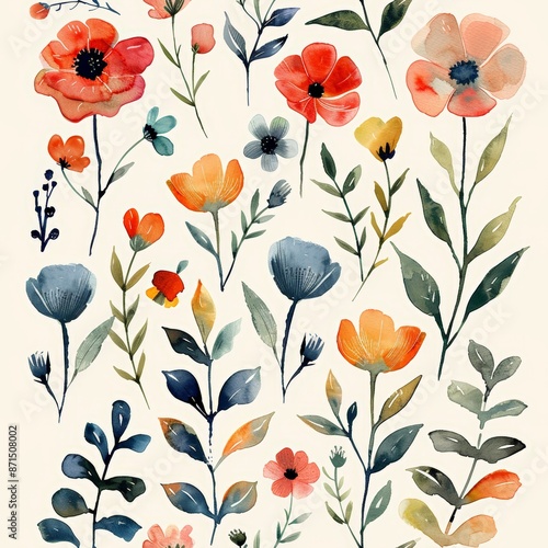 A colorful floral pattern with a variety of flowers in different shades of blue