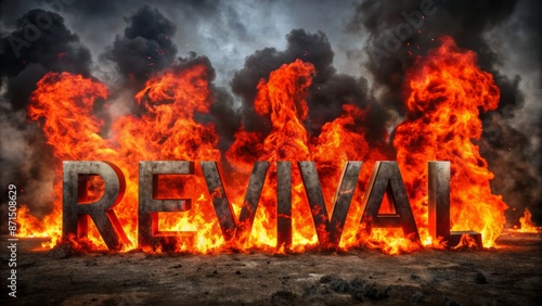 Fiery red revival letters engulfed in flames emerge from darkness, surrounded by black smoke, against a mysterious, apocalyptic background.