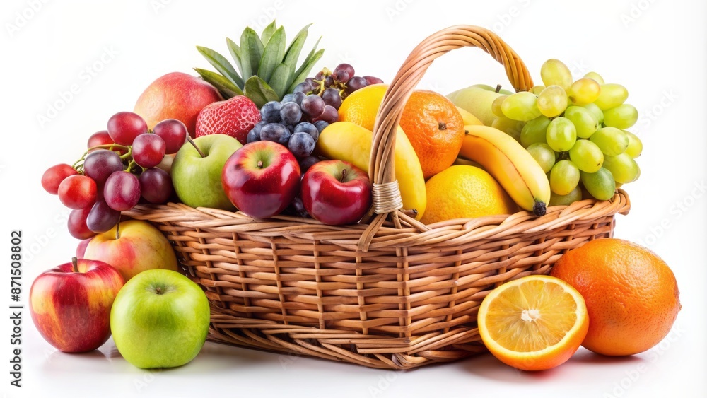 Vibrant assortment of fresh fruits including apples, bananas, grapes, and oranges artfully arranged in a wicker basket on pure white background. Vibrant assortment of fresh fruits including apples, bananas, grapes, and oranges artfully arranged in a wicker basket on pure white background.