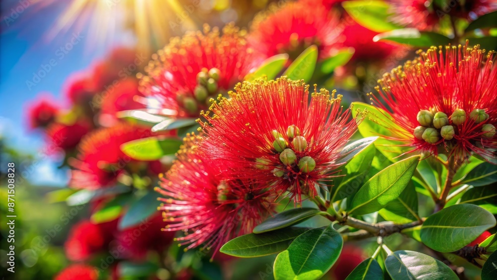 Vibrant crimson Pohutukawa flowers bloom on a branch against a blurred background of lush green tropical foliage in bright sunlight. Vibrant crimson Pohutukawa flowers bloom on a branch against a blurred background of lush green tropical foliage in bright sunlight.