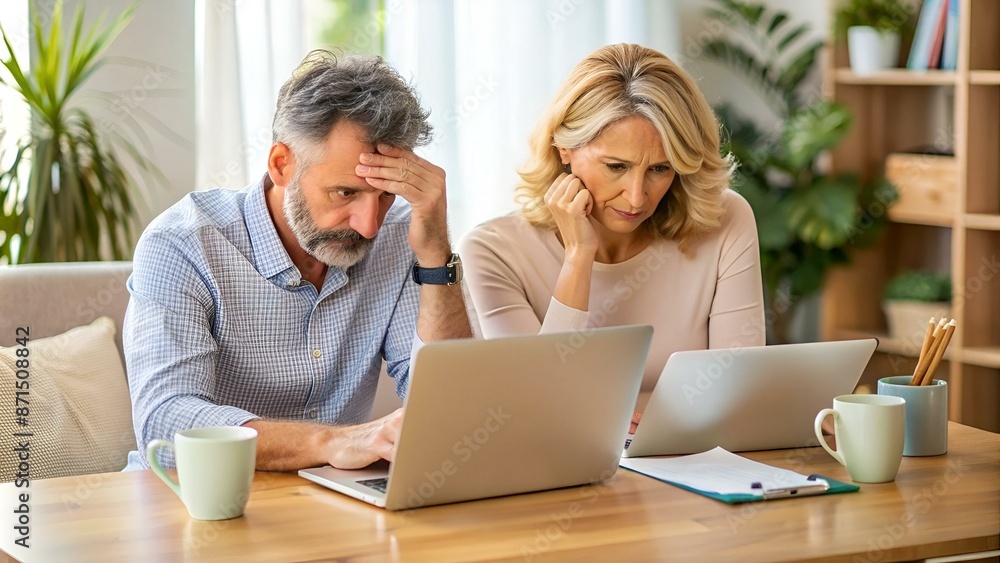 Stressed millennial married couple sitting at the desk at home use laptop checking documents unpaid bills, taxes, due debt, bank account balance. Bankruptcy lack of money financial problems concept Stressed millennial married couple sitting at the desk at home use laptop checking documents unpaid bills, taxes, due debt, bank account balance. Bankruptcy lack of money financial problems concept
