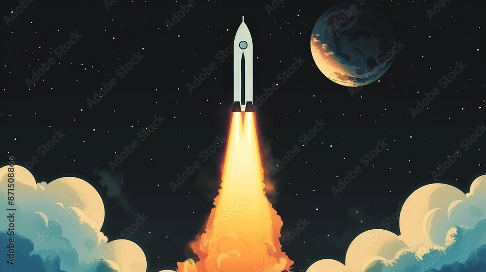 digital art illustration 2d of a spaceship launching. blue and charcoal black, and off white colors. minimalist and simple background. digital art illustration 2d of a spaceship launching. blue and charcoal black, and off white colors. minimalist and simple background.