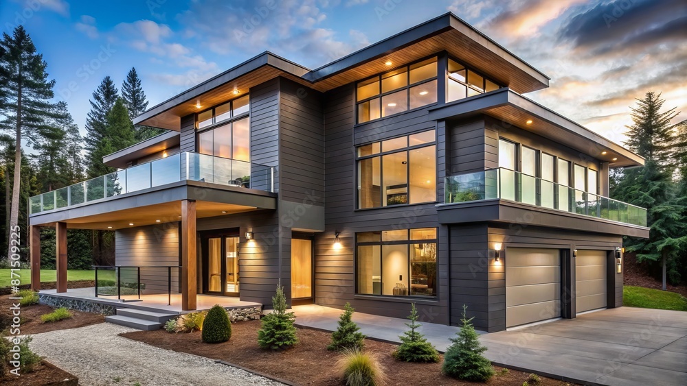 Newly constructed modern house with sleek exterior walls, large windows, and finishing touches of roofing and siding underway outside. Newly constructed modern house with sleek exterior walls, large windows, and finishing touches of roofing and siding underway outside.