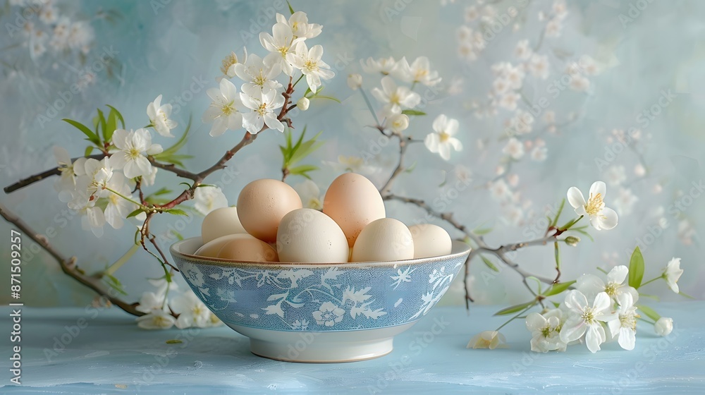a bowl of eggs with flowers and branches in the background on a blue background with a white background and a blue backdrop a bowl of eggs with flowers and branches in the background on a blue background with a white background and a blue backdrop