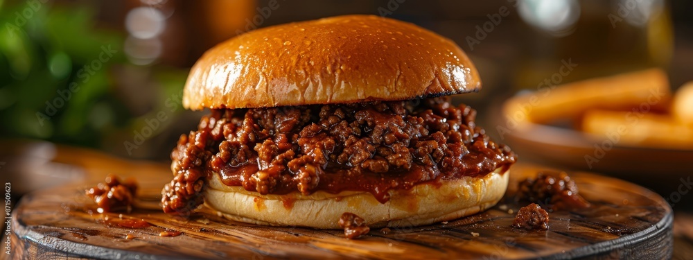 A Sloppy Joe sandwich sits atop a weathered cutting board, surrounded by a plate of golden French fries and a frosty mug of beer A Sloppy Joe sandwich sits atop a weathered cutting board, surrounded by a plate of golden French fries and a frosty mug of beer