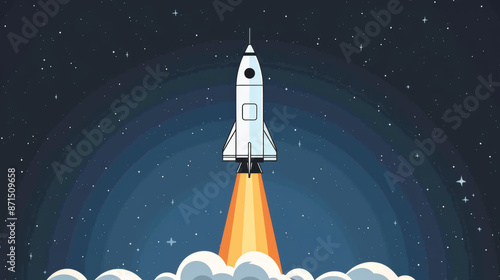 digital art illustration 2d of a spaceship launching. blue and charcoal black, and off white colors. minimalist and simple background.